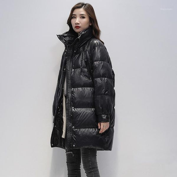 

new woman 90% white duck down jacket winter long coat female loose waterproof down overcoats loose solid jackets winter parka1, Black