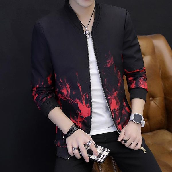 

printed black jacket, men's coat, autumn, slim short youth coat, Black;brown