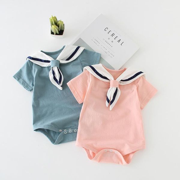 

infant bodysuits summer newborn baby clothes blue pink short sleeve pure cotton sailor collar playsuits baby boys girls clothes1