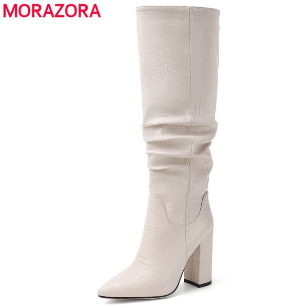 

morazora 2020 brand new women boots thick high heels knee high boots pointed toe autumn winter ladies boots pleated fashion shoe c1120, Black