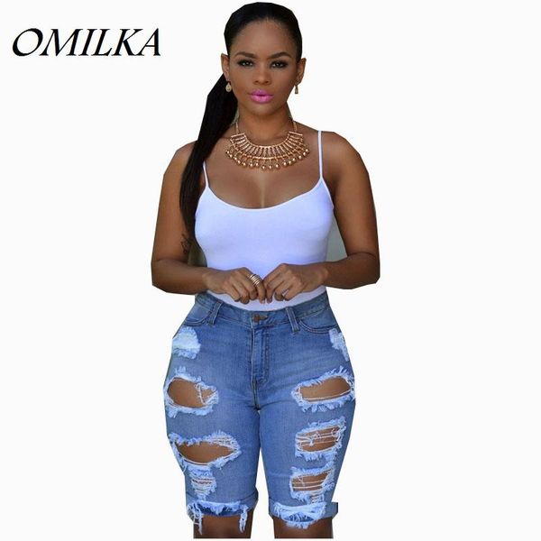 

omilka short jeans women 2021 summer high waisted ripped denim distress shorts jeans casual hole rock boyfriend shorts, Blue