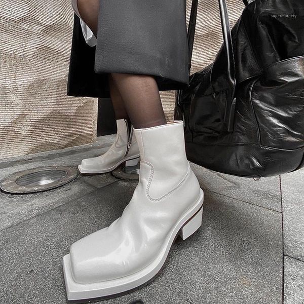 

autumn fashion ankle boots for women square toe zip high heels winter shoes women white leather botas mujer 2020 zapatos mujer1, Black