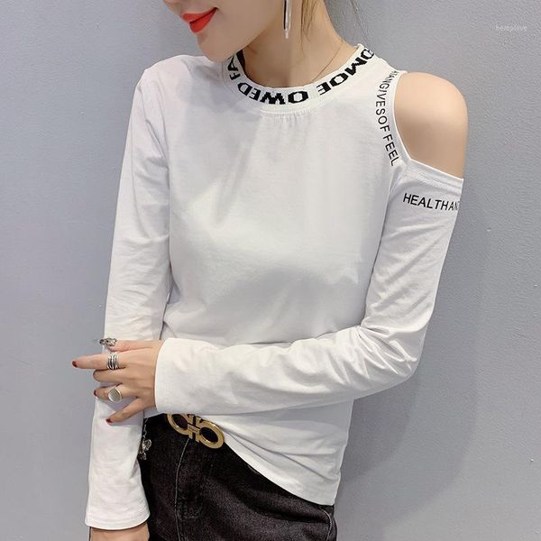 

ozhouzhan 2020 nian autumn and winter new style crew neck base shirt female slim fit off-shoulder printed letter long-sleev1, White