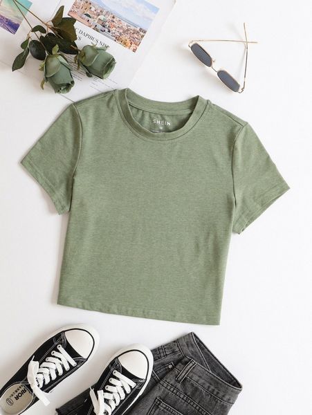 

solid round neck crop tee x5za#, White