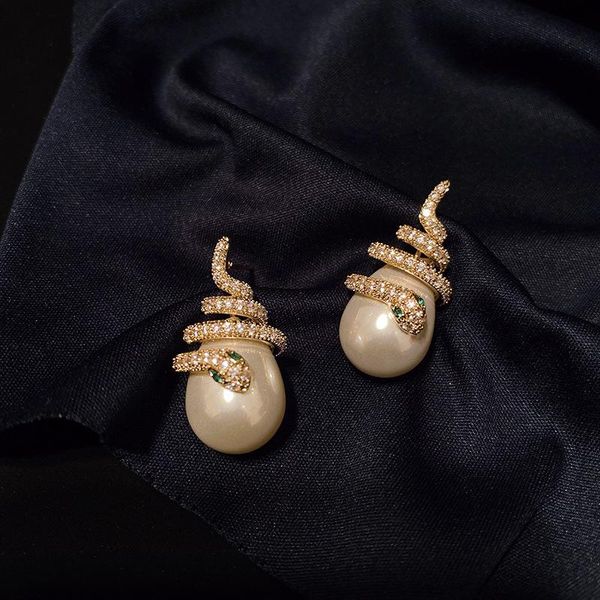

dangle & chandelier fashion snake cubic zirconia white big pearl drop earring for bridal women wedding, Silver