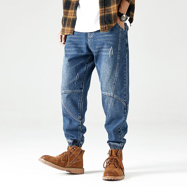 

hip hop joggers fashion streetwear men jeans loose fit spliced designer denim cargo pants homme black blue harem