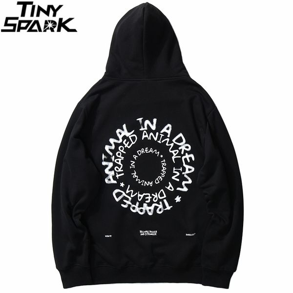 

mens hip hop streetwear hoodie vintage letter circle printed sweatshirt cotton fleece loose casual hooded pullover hipster 201113, Black