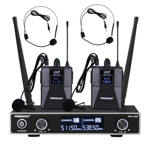 

microphones fb-u35h2 dual way uhf fixed frequency wireless microphone system with 2pcs bodypack + lavalier&headset speech mic