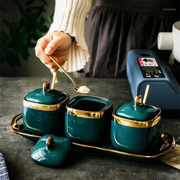 

ceramic nordic emerald sugar salt shaker seasoning jar seasoning bowl four sets of flower and fruit pot wj711