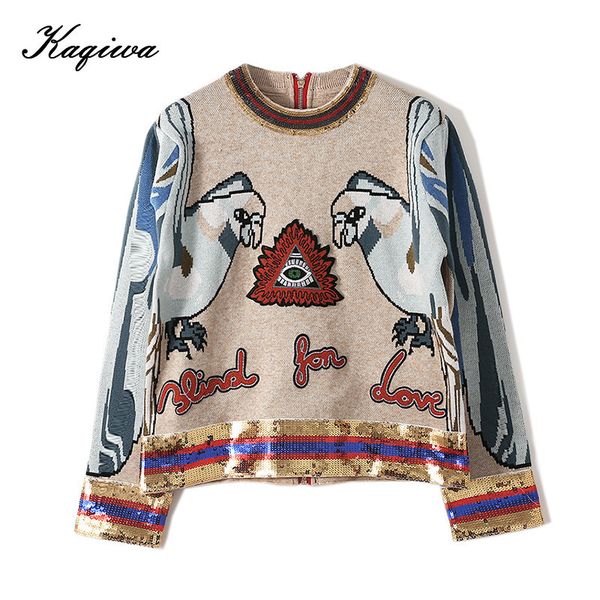 

star same heavy industry sequin 3d parrot embroidery back zipper knit gold thread long sleeve round neck sweater female b-009 201130, White;black