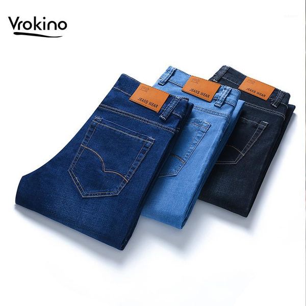 

vrokino brand summer new in 2019 men's business casual slim jeans fashion stretch thin breathable jeans large size 28-401, Blue