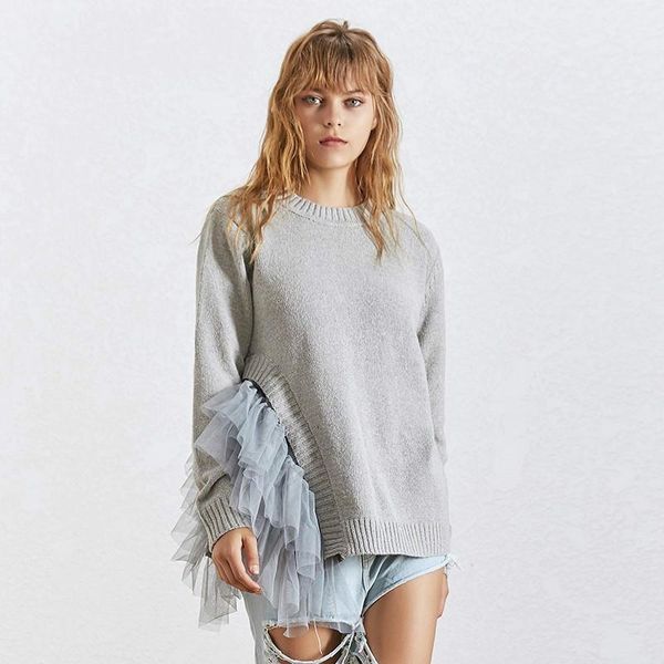 

side split sweater women long sleeve patchwork mesh knitting female casual clothes 2019 autumn winter new1, White;black