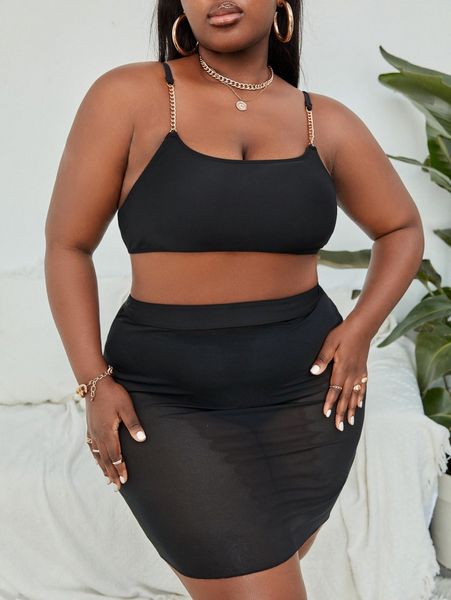 

3pack plus solid chain linked bikini swimsuit & beach skirt f4w0#, Black