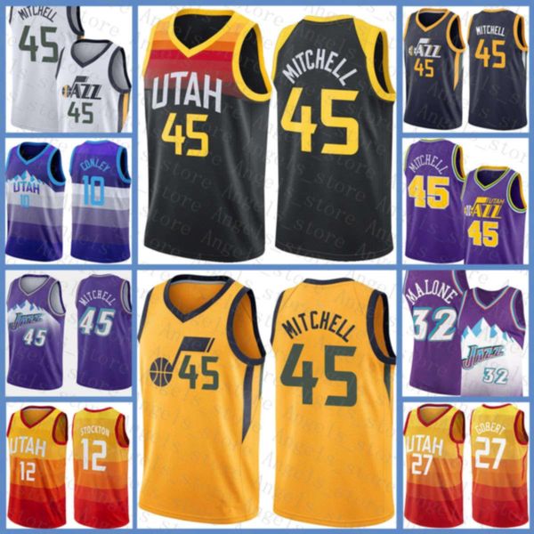 

donovan 45 mitchell rudy 27 gobert john 12 stockton karl 32 malone mike 10 conley utah jazz 2020 2021 new basketball jersey white, Black;red