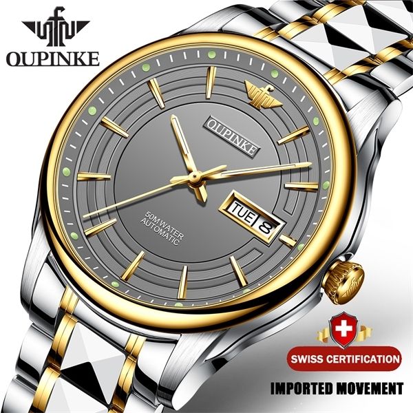 

oupinke men automatic mechanical watch with tungsten steel waterproof japan movement brand luxury business reloj hombre q1129, Slivery;brown