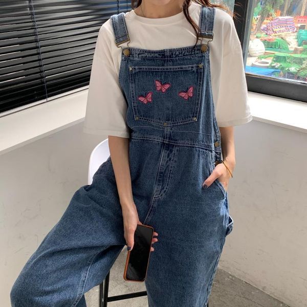

s-4xl women oversize jeans vintage washed denim jumpsuit cute butterfly embroidery overalls loose large size pocket romper1, Blue
