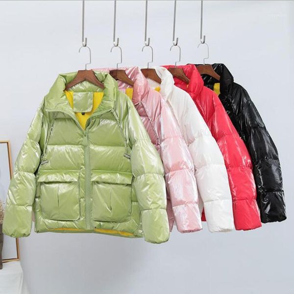 

90% white duck down jacket women glossy loose short winter coat women stand collar korean puffer jacket thick warm down parka1, Black