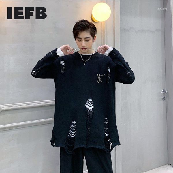 

iefb autumn and winter round neck hole sweater men's fashion pin decoration knitwear lightweight men's clothes black 9y46951, White;black