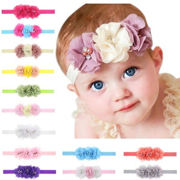 

hair accessories children band three floral chiffon bead flower baby elastic force head bring ornaments, Slivery;white