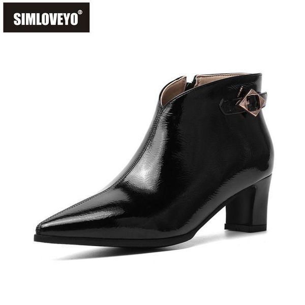 

boots simloveyo woman ankle pointed toe 5.5cm square thick heel zipper metal big size 28-48 black red gray simple