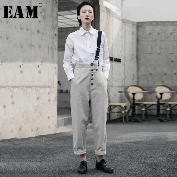 

eam] high waist geay button split joint leisure trousers overalls new loose fit pants women fashion spring autumn 2020 1r58601, Black;white