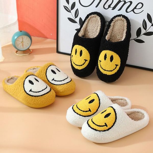 

2022 winter women smiley slippers fluffy faux fur smile face household soft shoes for indoor female outdoor 211023, Black