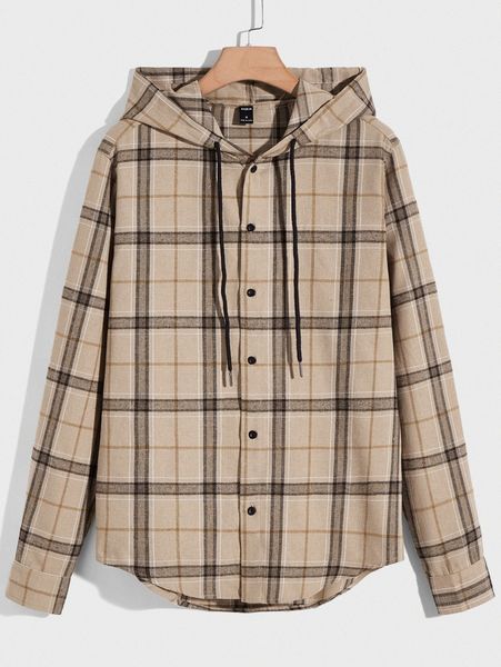 

men plaid curved hem drawstring hooded shirt n4yk#, White;black