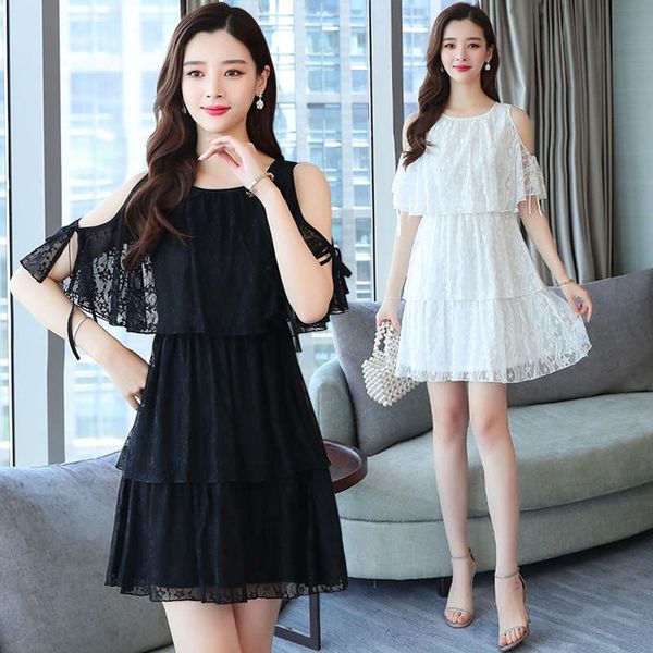 

off the shoulder cake skirt women's 2019 summer fresh small black french minority very fairy lace dress, Black;gray