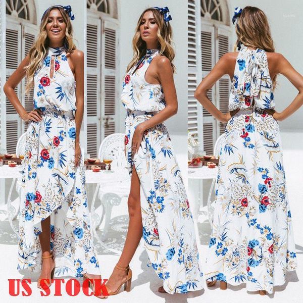 

women long maxi dresses bohemia halter sleeveless floral print ethnic summer beach female split stylish style dress1, Black;gray