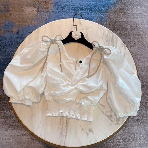

high street fashion 2020 designer dress women's v-neck puff sleeve bow drape short blouse, White