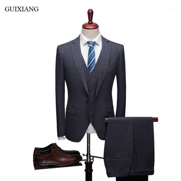 

2020 guixiang men boutique leisure suit dress business casual single breasted men's grid slim formal suits blazer plus s-4xl1, White;black