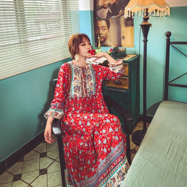 

2021 new women dress bohemian printed long sleeves beautiful lady dress, Black;gray