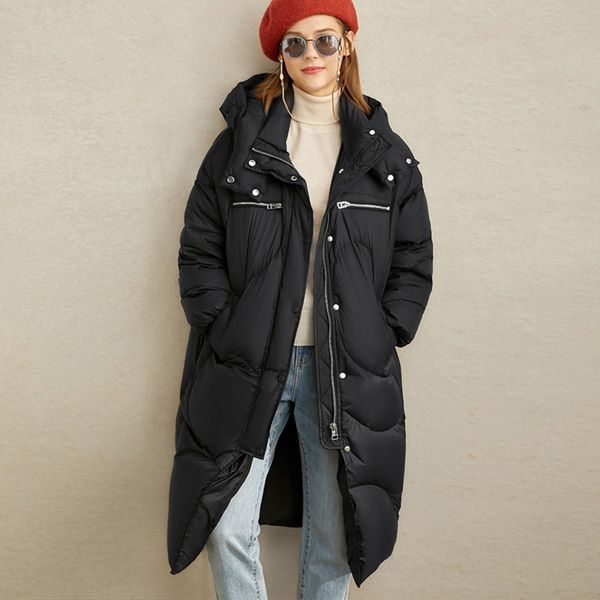 

amii fashion 90% white duck thick down coat winter women casual hooded solid loose female long jacket 11940488 c1204, Black