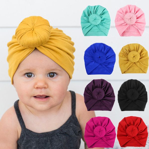 

cute infant toddler ball knot turban cap kids spring autumn caps baby donut hat solid color cotton hairband wq383, Yellow