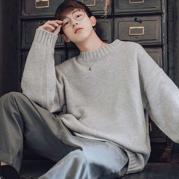 

men's sweaters winter harbor style solid color round neck sweater men korean loose student couple trend shirt, White;black