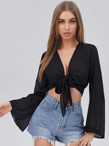 

bell sleeve tie front chiffon crop kimono k6pv#, White;black