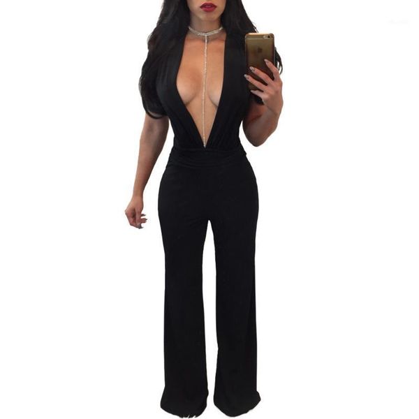 

bodycon ruffles womens solid jumpsuit romper solid wide leg playsuit women v neck sleeveless one piece oversized women clothing1, Black;white