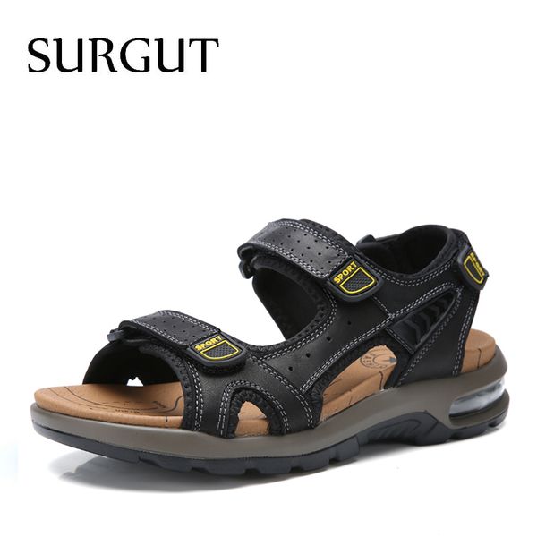 

surgut men genuine leather sandals large size men beach sandals fashion air cushion sandals breathable shoes men t200420, Black