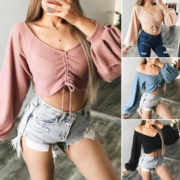 

new fashion women casual long sleeve v neck crop knit shirt t-shirt ladies fashion spring autumn clothes, White