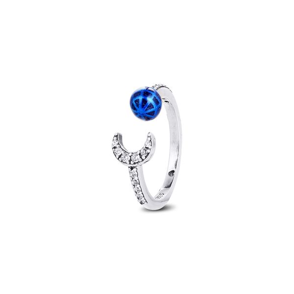 

2020 genuine 925 sterling silver pandora rings for women blue earth and moon ring engagement wedding statement jewelry party gift wholesale, Slivery;golden