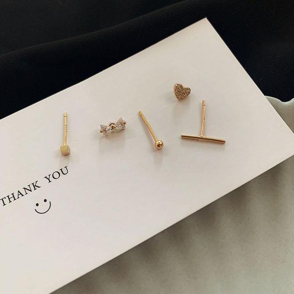 

s925 sterling silver super fairy bow heart five-piece set earrings small mini matching earrings, Golden;silver