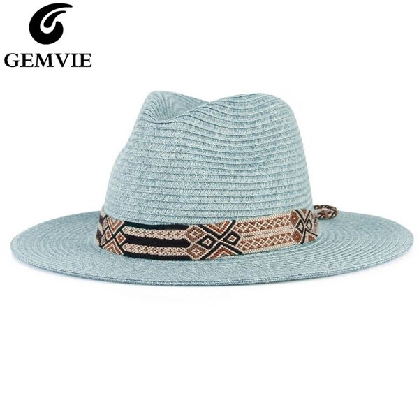 

gemvie soft shaped panama style paper straw hat for women summer hat for men sun beach hat jazz fedora y200602, Blue;gray