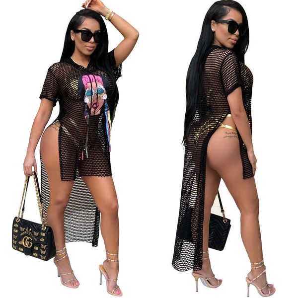 

a8235 women's selling fashion figure mesh high split hoodie, Black;gray