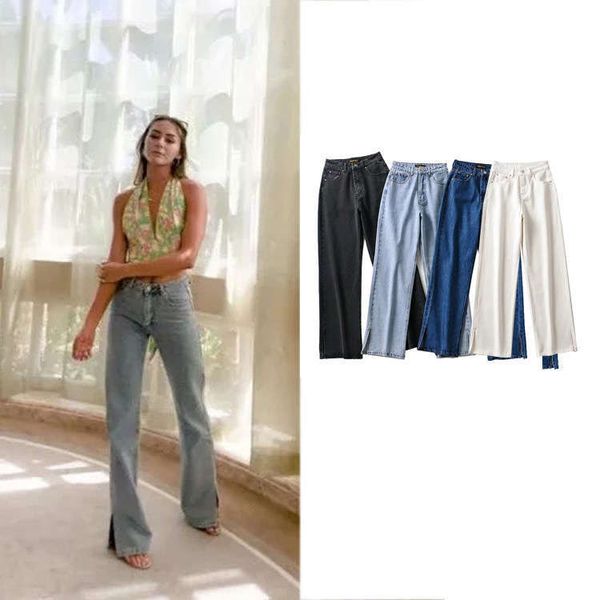 

street trendy boyfriend high waisted slim wide autumn new style women's pants with split leg stitching jeans, Blue