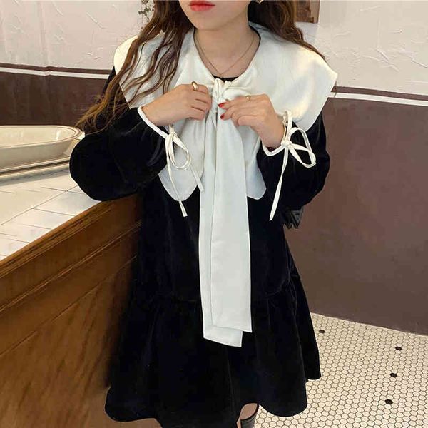 

Chic Sweet Dress Woman Spring Contrasting Bow Tie Turn Down Collar Loose Versatile Long-sleeved Velvet Dress Tide, Black;gray