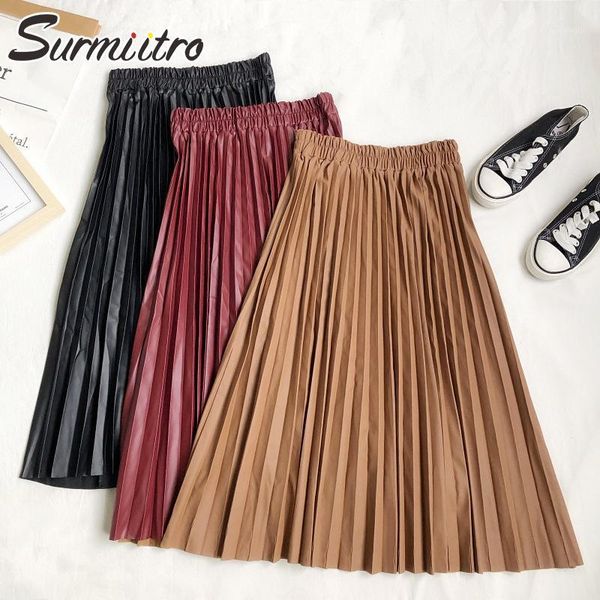 

surmiitro 2020 autumn winter women korean style super quality black red pu leather high elastic waist midi pleated female skirt1