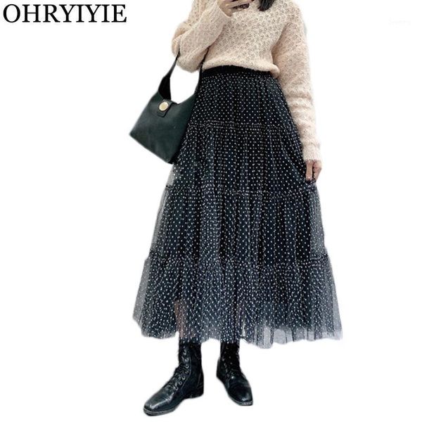 

ohryiyie super quality mesh pleated skirt women polka dot tulle skirts female new autumn winter fashion party long maxi skirt1, Black