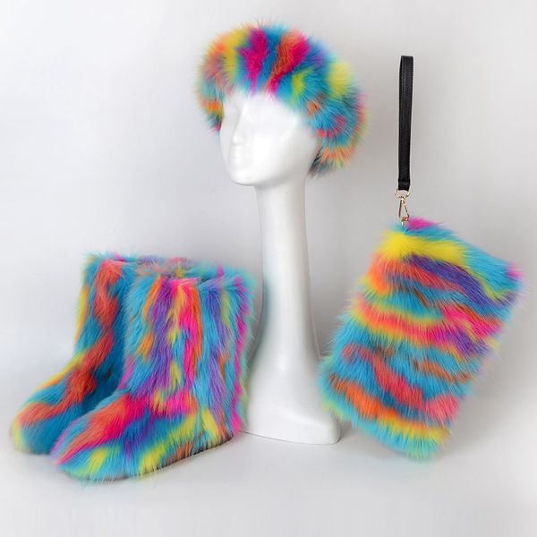 

wholesale women faux fluffy fur women boots with matching purse and headband set, Black