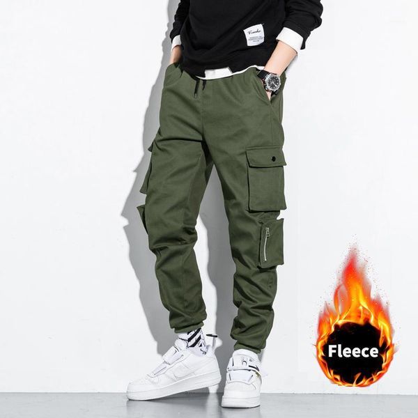 

2020 new fashion winter thick fleece warm casual pants men streetwear multi-pockets cargo jogger pants1, Black