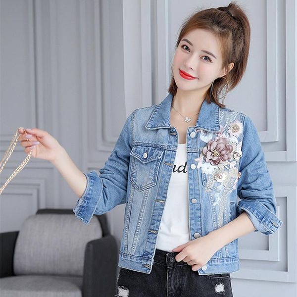

2021 autumn women streetwear denim jacket sequins three-dimensional floral embroidery jeans jacket bomber outerwear lady casual, Black;brown
